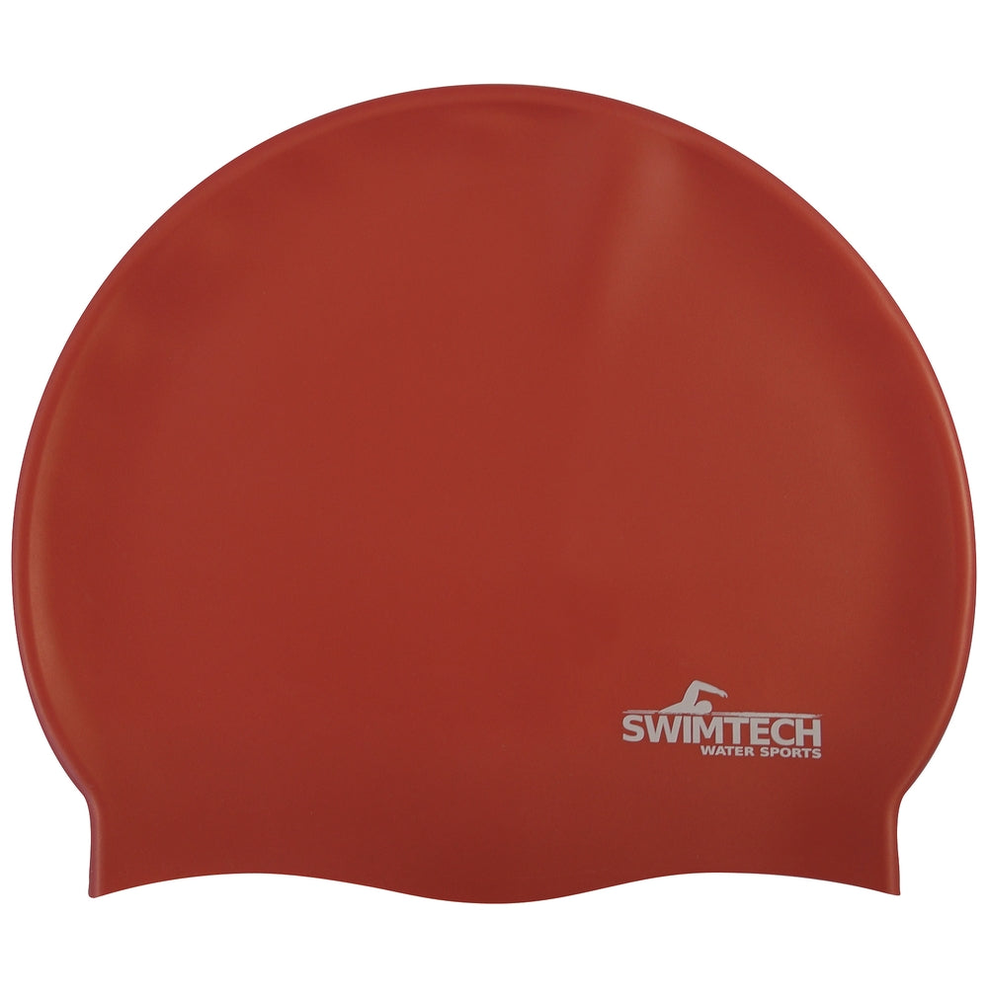 SwimTech silicone swim cap, snug fit, in vibrant color, designed for comfort and durability during swimming activities.
