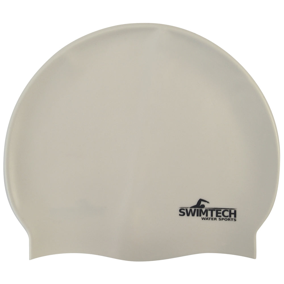 SwimTech silicone swim cap in black, designed for comfortable fit and waterproof protection for swimmers.
