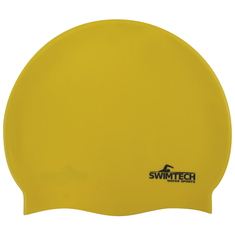 SwimTech silicone swim cap in bright yellow with a smooth, snug fit, designed for comfortable swimming and water sports.