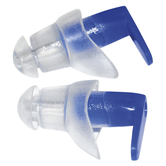 SwimTech Ear Plugs in packaging, designed for swimming and water sports, with a sleek, ergonomic shape for comfortable fit.