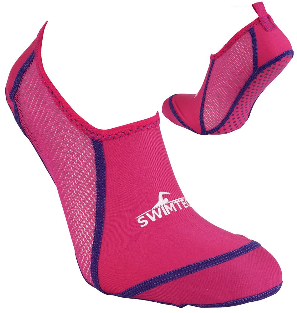 SwimTech Junior Pool Socks, lightweight blue water shoes with non-slip soles, designed for swimming and water sports.
