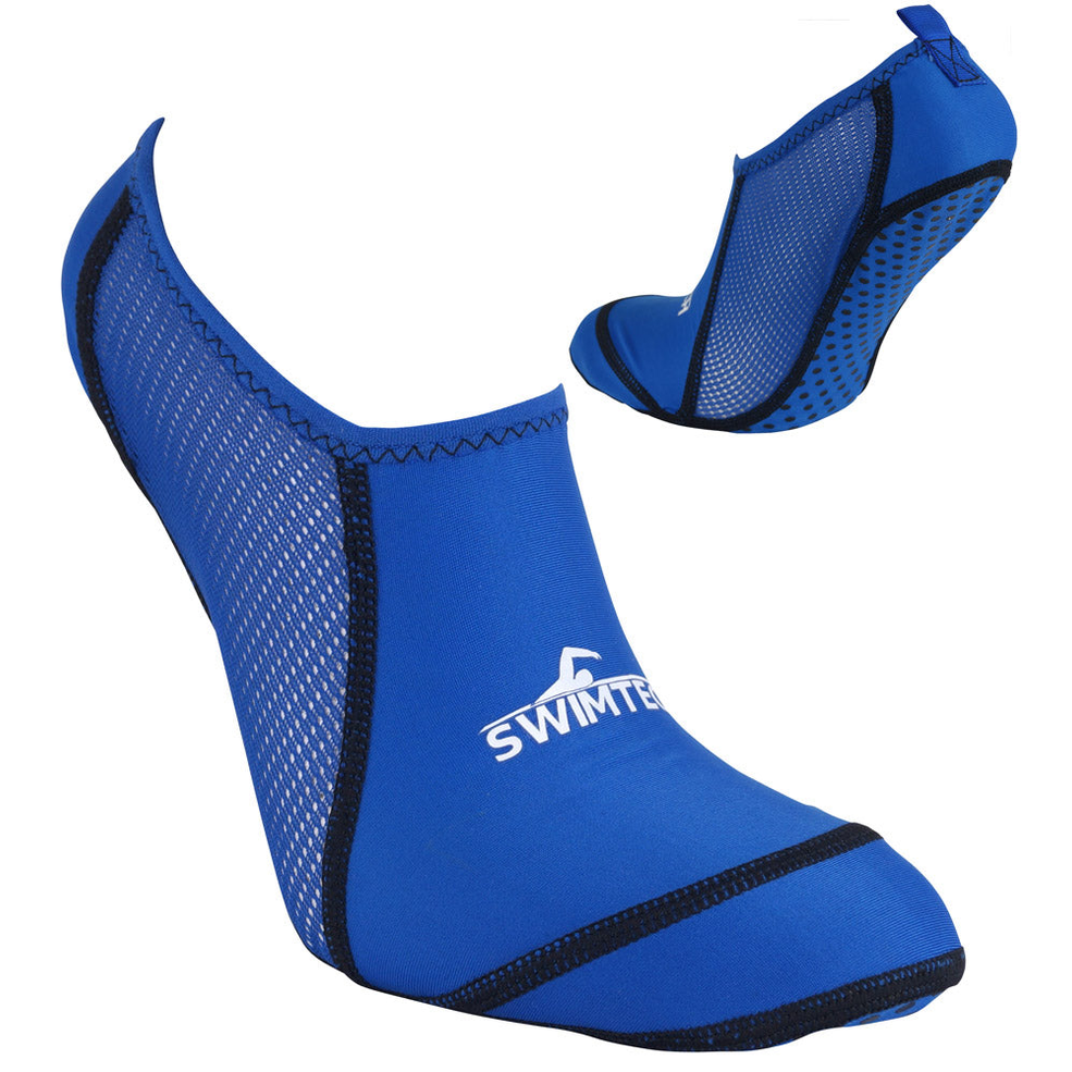 SwimTech Pool Socks in blue, designed for swimming and water sports, featuring snug fit and durable material for water protection.