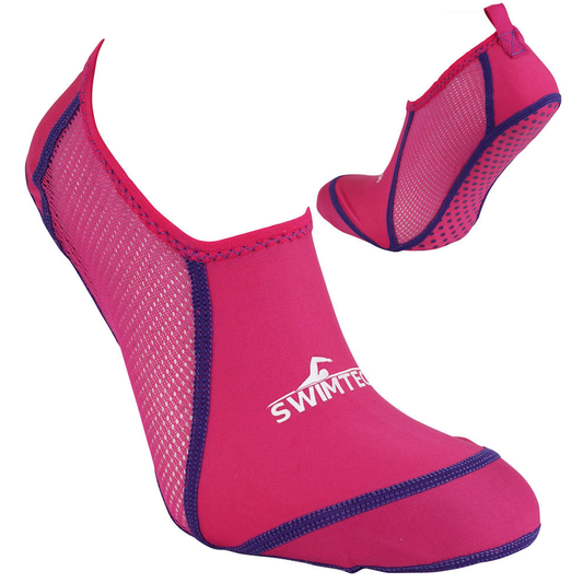 Junior SwimTech Pool Socks in bright blue with non-slip soles, designed for swimming and water activities.