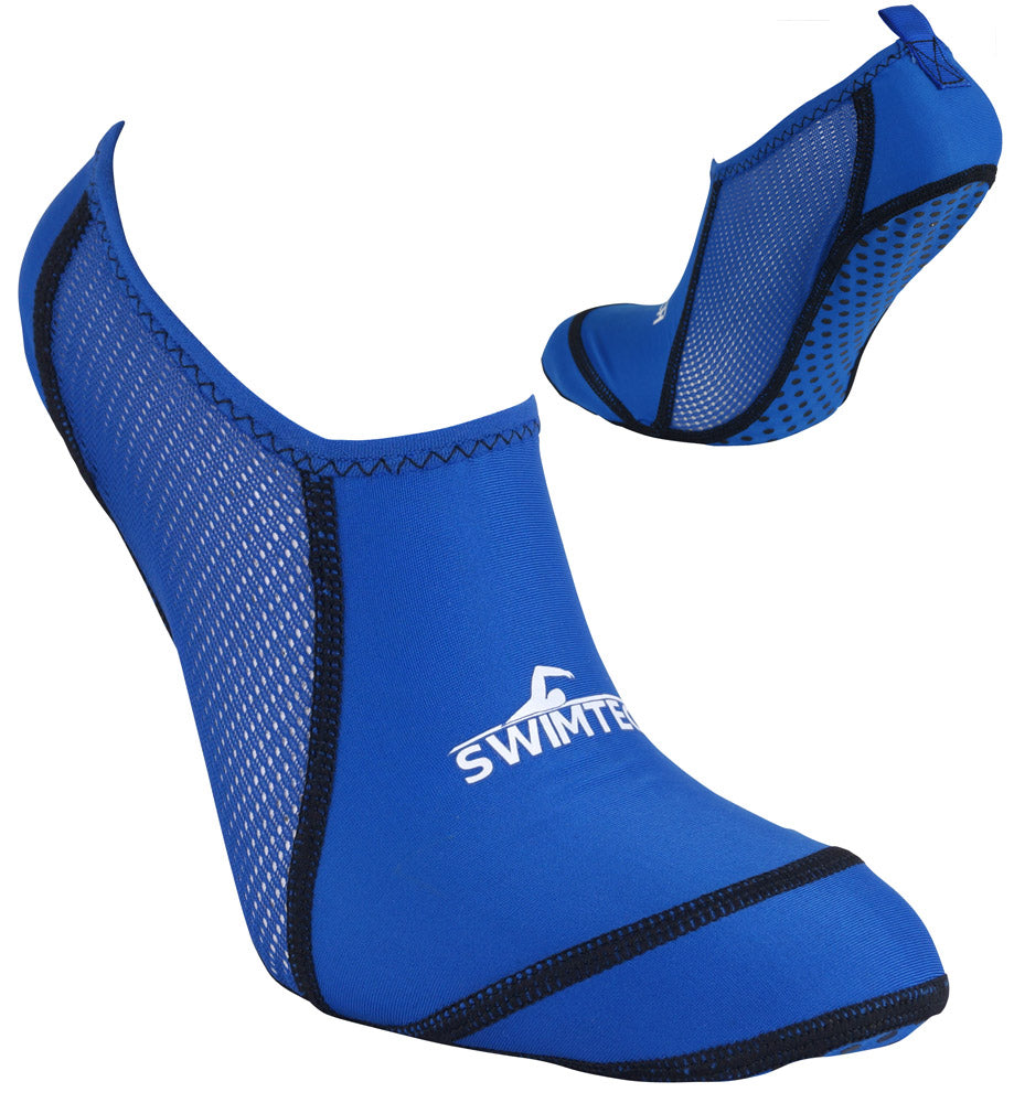 SwimTech Junior Pool Socks in bright red and blue, designed for swimming and water sports, with a snug fit and durable material.