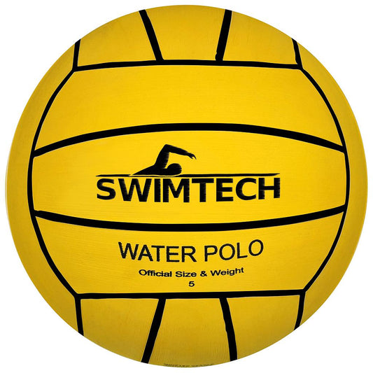 SwimTech Water Polo Ball with textured surface and bold branding, designed for competitive water polo games.