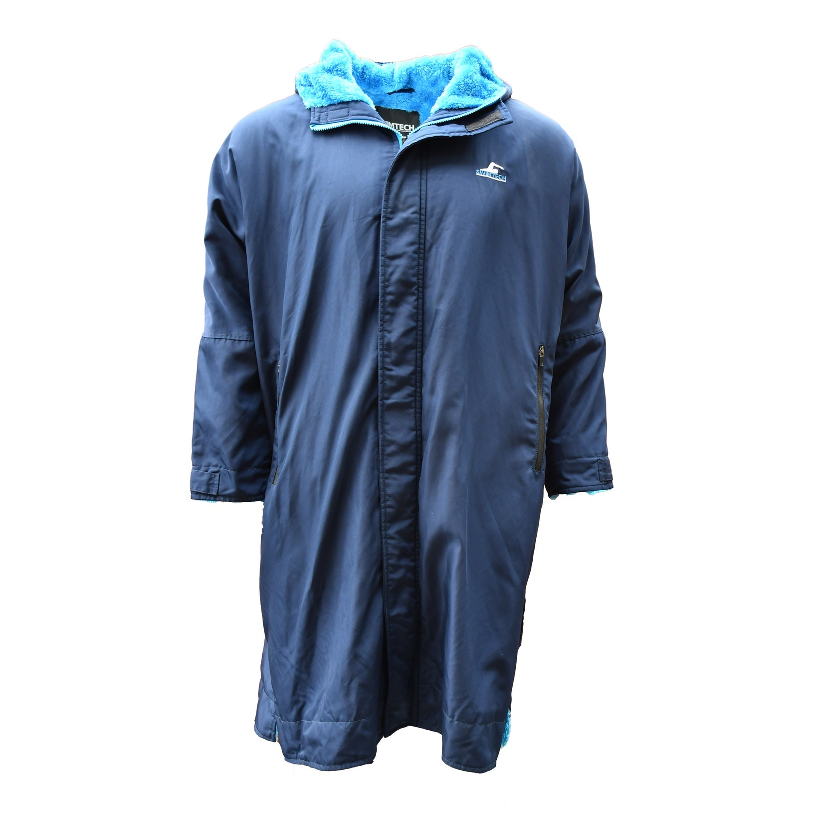 SwimTech Parka Robe in navy, featuring a waterproof design, hood, and adjustable waist for comfortable post-swim wear.