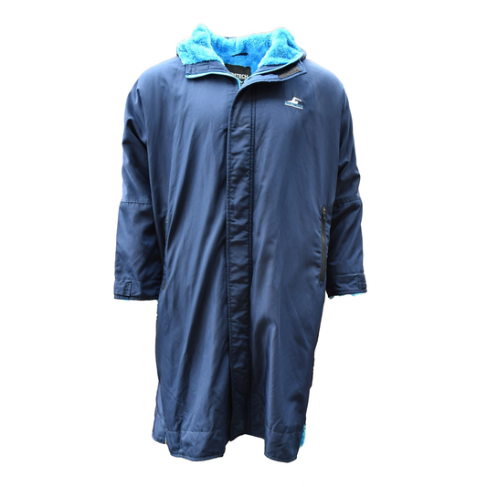 SwimTech Parka Robe in XS size, navy blue, with hood and front pockets, designed for swimming and water sports.