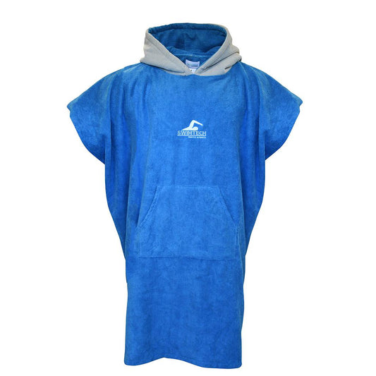 SwimTech Microfibre Poncho in blue, featuring a hood and large front pocket, designed for easy changing and drying after swimming.