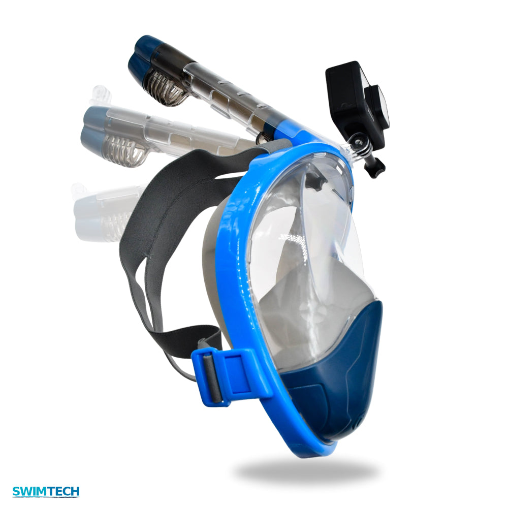 SwimTech full face snorkel mask for adults, with clear viewing window and adjustable straps for comfortable swimming exploration.