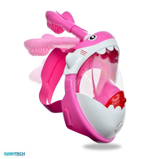 Kids SwimTech full face snorkel mask showing clear view mask with adjustable straps and snorkel tube for underwater exploration.
