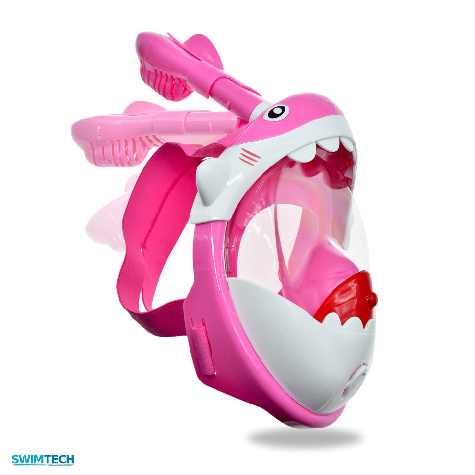 Kids SwimTech full face snorkel mask with adjustable straps, clear viewing lens, and snorkel tube for safe underwater exploration.