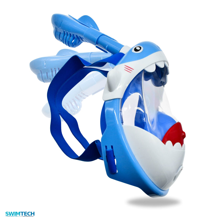Kids wearing the SwimTech Full Face Snorkel Mask, showcasing the mask's full-face design and adjustable straps.