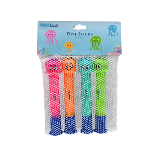 Set of four SwimTech Dive Sticks for swimming training, featuring bright colors and durable plastic construction.