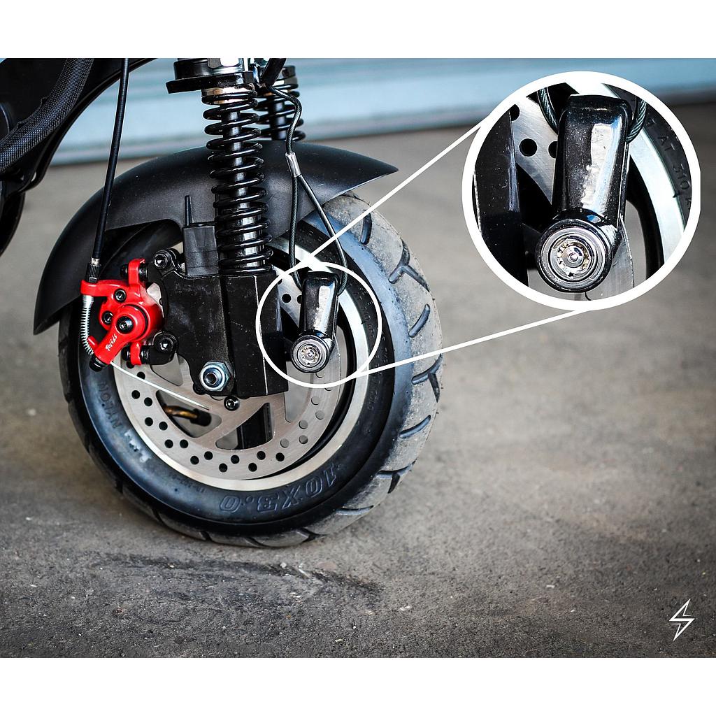 SURG Electric Scooter Disc Brake Lock in black with key, designed for securing electric scooters with disc brakes.