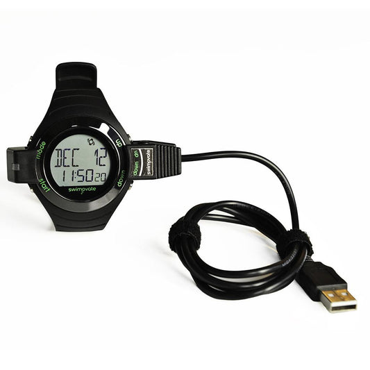 Swimovate Poolmate Live swim watch with data clip, displaying digital screen and sporty design for swimming performance tracking.
