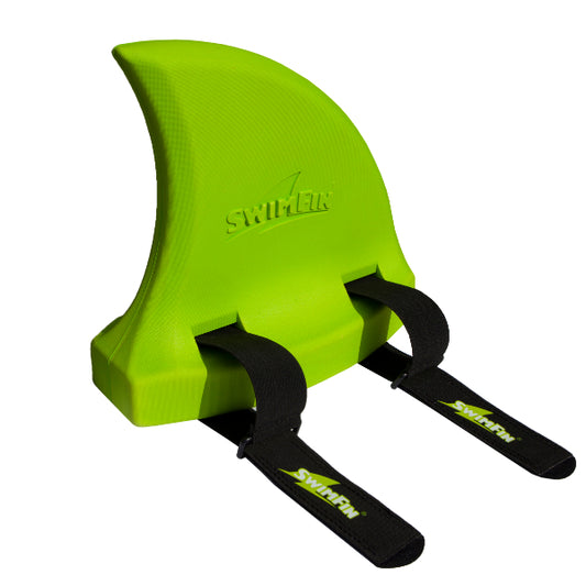 SwimFin Vertical Swimming Aid Float from SwimFin showing bright blue and yellow fins for child’s swimming practice.