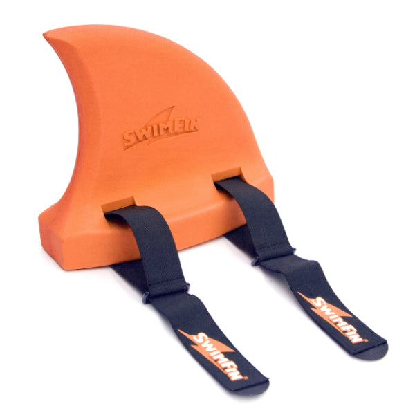 SwimFin Vertical Swimming Aid Float in orange, designed for kids, featuring a compact, curved float with adjustable straps for safety.