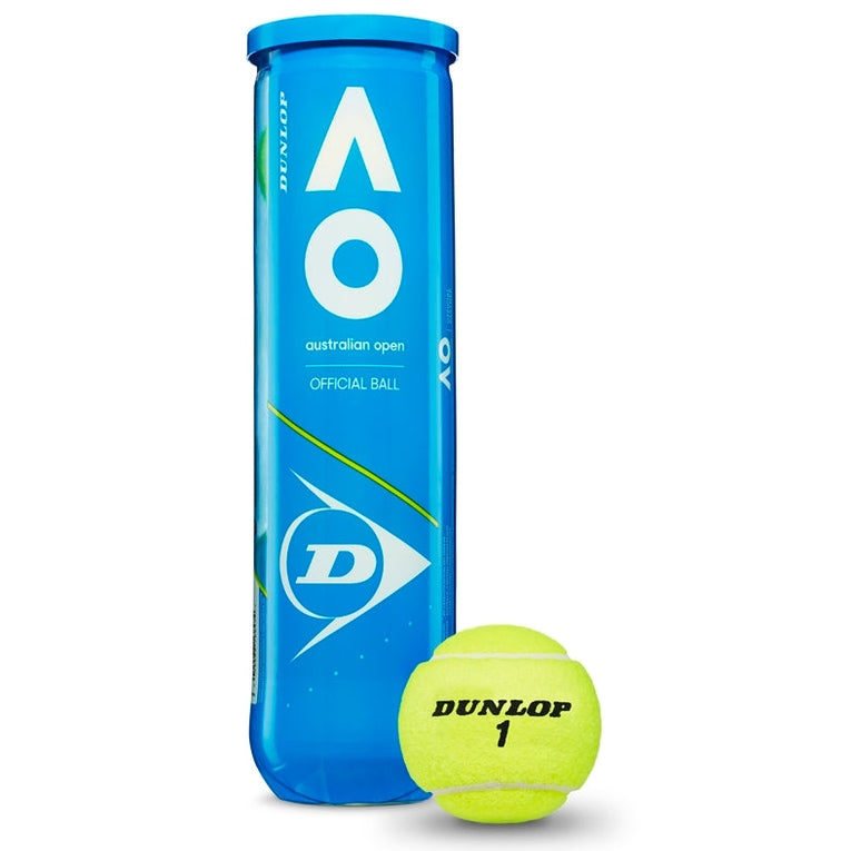 Dunlop Australian Open tennis balls with bright yellow packaging, featuring branding and multiple tennis balls visible.