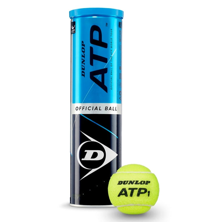 Dunlop ATP tennis balls stacked together, standard size and bright yellow color, suitable for professional tennis matches.
