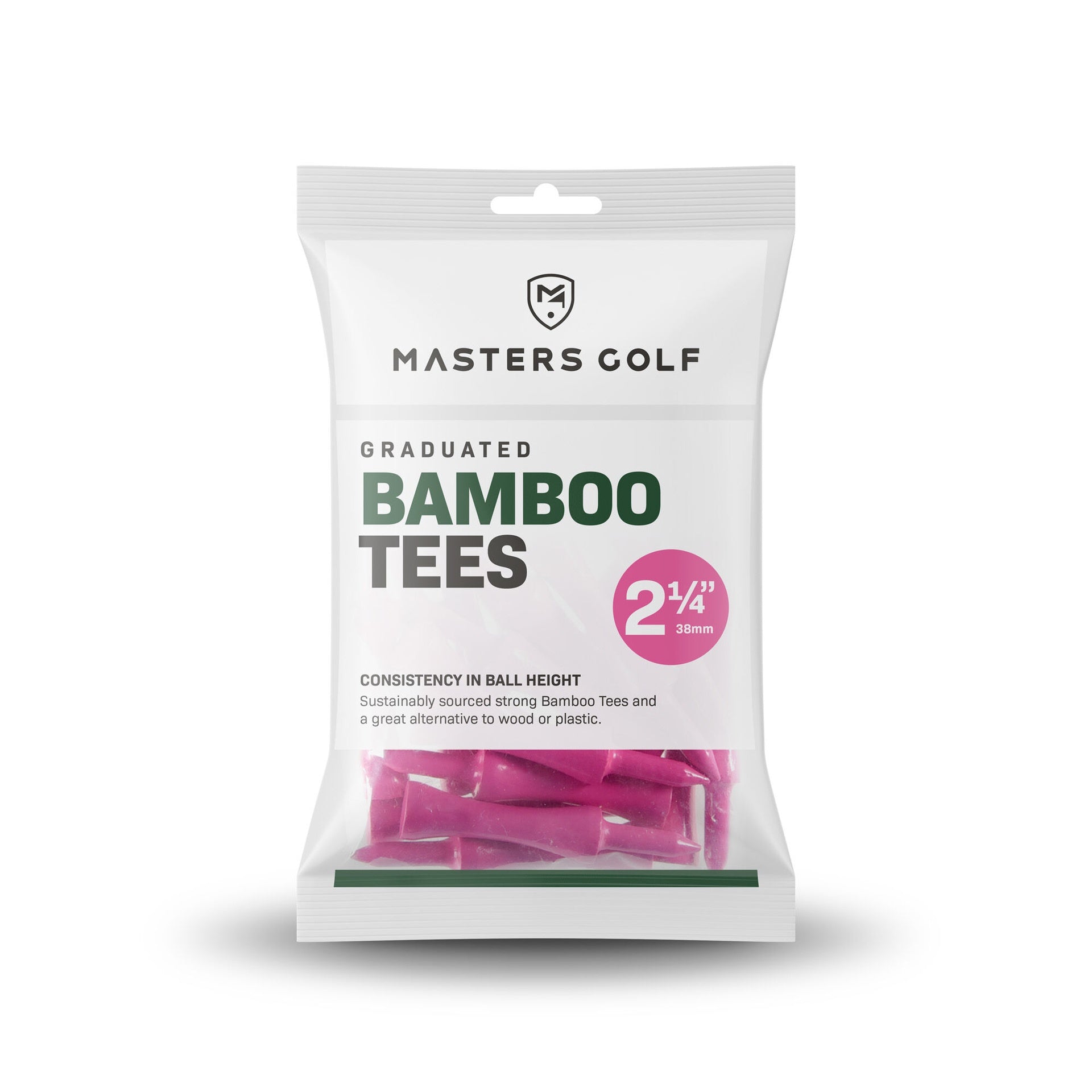 Masters Bamboo Graduated Golf Tees in a bag of 20, showcasing different lengths for golf teeing.