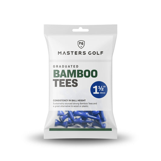 Masters Bamboo Graduated Golf Tees in a bag of 25, showing various lengths for golf teeing off on the course.