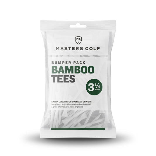 Masters Bamboo Golf Tees, bag of 85, natural wooden golf tees for improved performance, displayed in a clear image