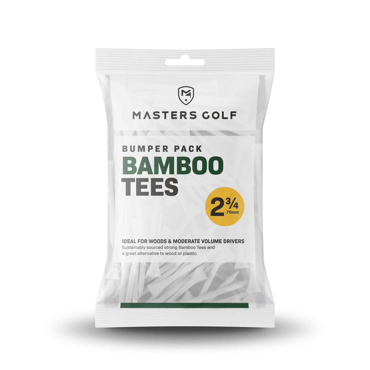 Masters Bamboo Tees for golf, a bag of 110 natural wooden golf tees with brand logo and size markings.