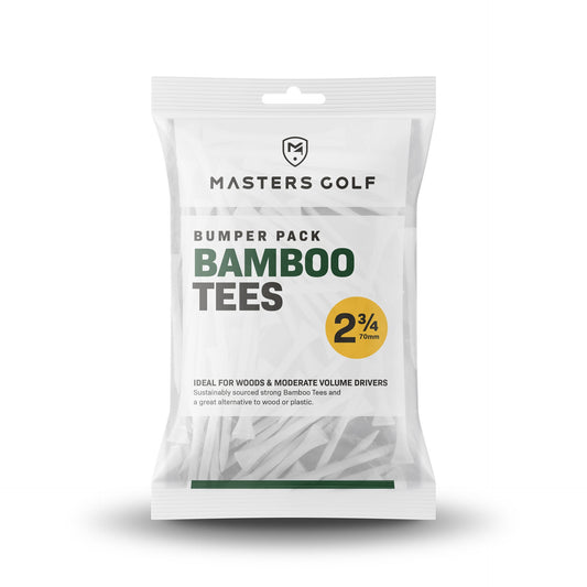 Masters Bamboo Tees for golf, a bag of 110 natural wooden golf tees with brand logo and size markings.