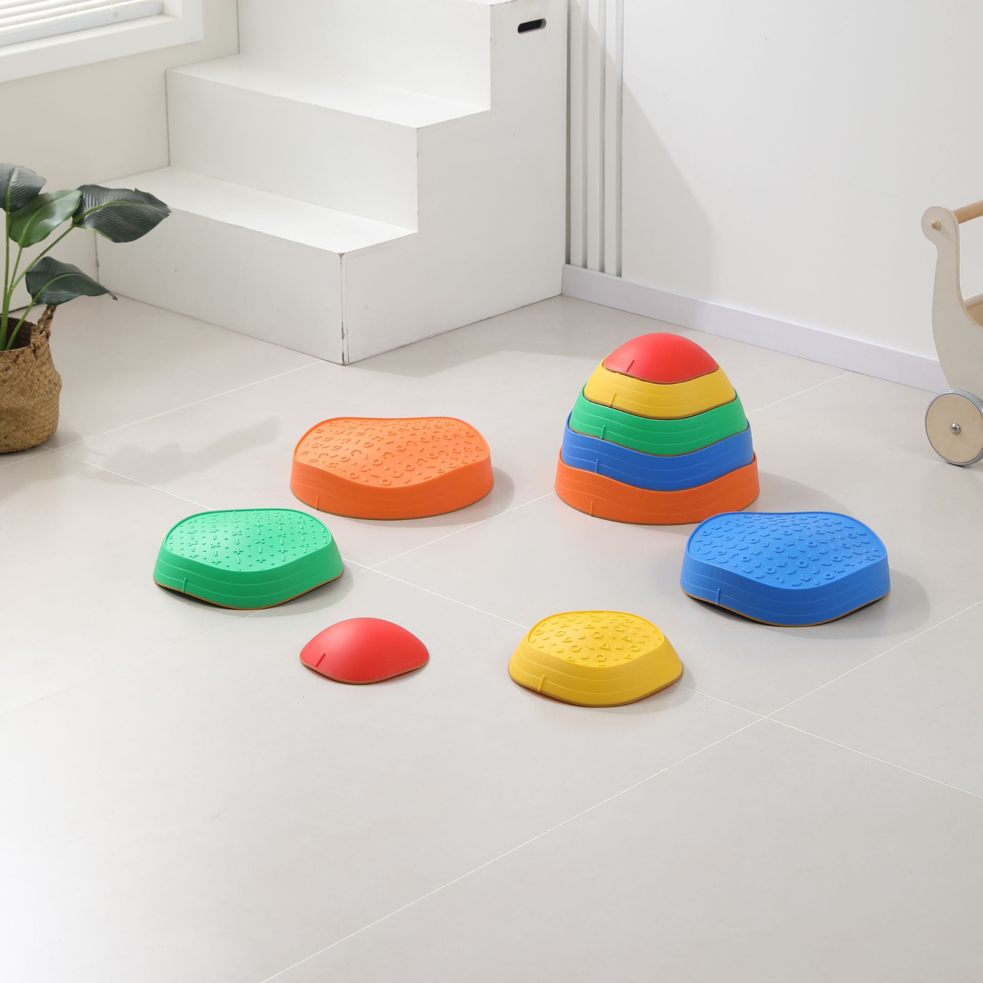 Toyfinity Sensory Stepping Stones 5-piece set for outdoor play, colorful textured stones for balance and coordination.