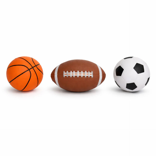 Toyfinity 3-in-1 PU sports balls set with a basketball, soccer ball, and volleyball arranged together on a neutral background.
