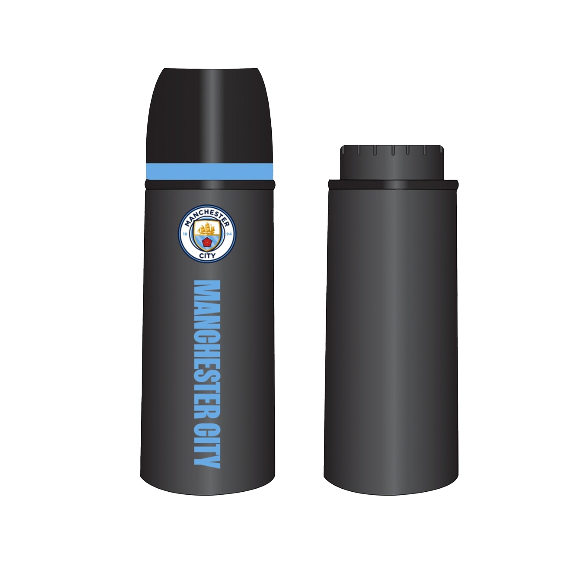 Foco Team Merchandise 350ml thermal flask in black with sports team logo, stainless steel insulated sports bottle.