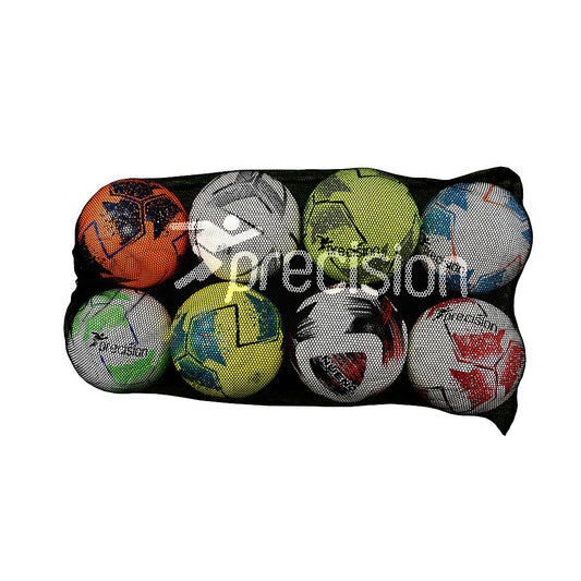 Precision Football Mesh Sack holding ten soccer balls, durable sports gear for easy transport and organization of footballs.