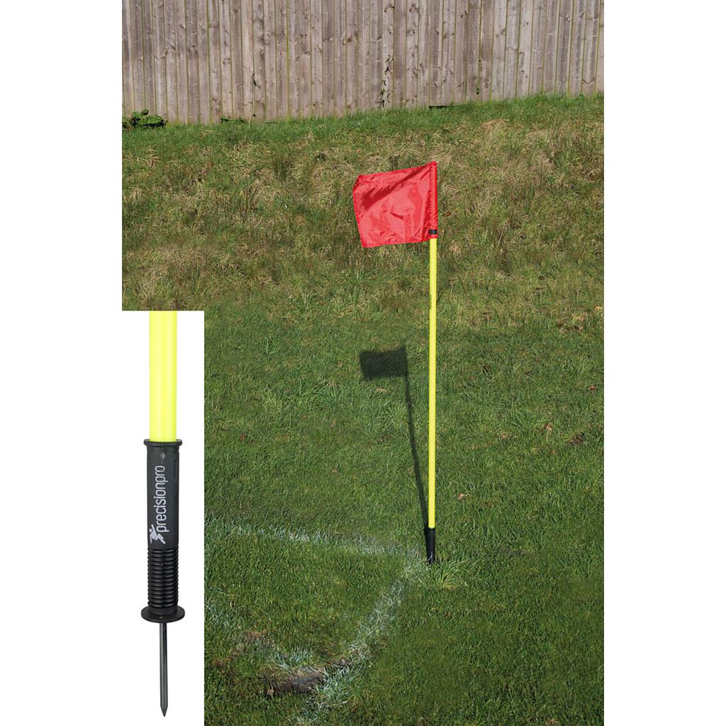 Set of four 5ft Precision Sprung Corner Posts in bright Fluo Yellow for sports field boundary marking.