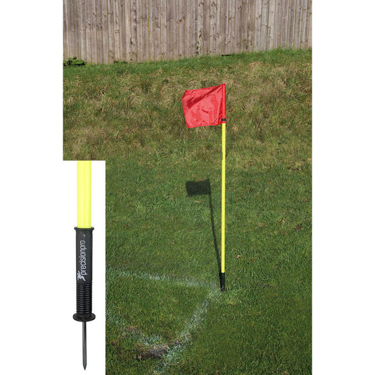 Set of four 5ft Precision Sprung Corner Posts in bright Fluo Yellow for sports field boundary marking.