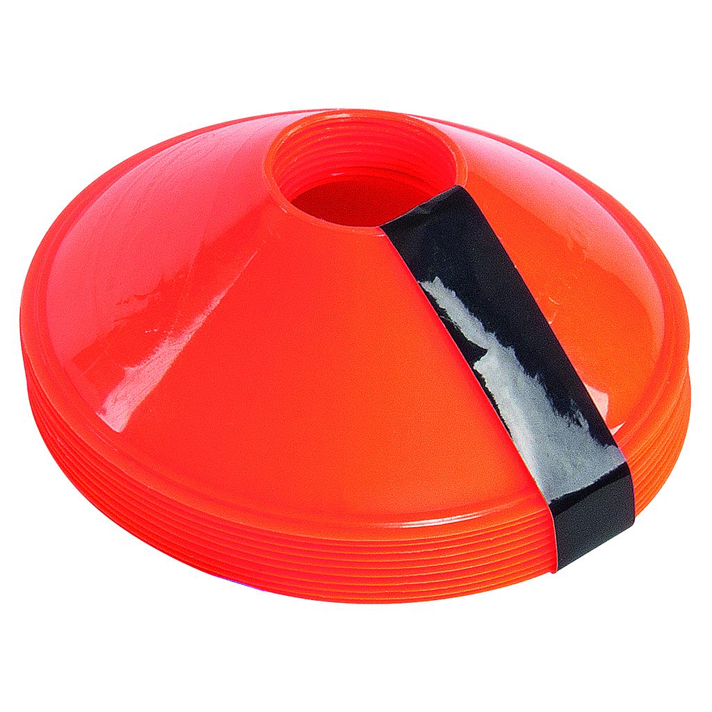 Precision Sleeved Set of 10 Saucer Cones for sports training, featuring durable plastic cones with red and white colors.