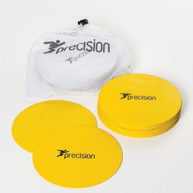 Set of 20 Precision brand round rubber marker discs for sports training and drills, featuring bright yellow color and durable material.