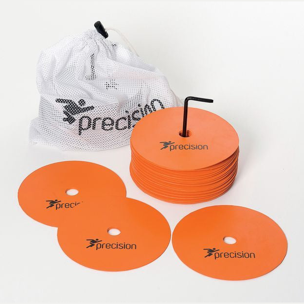 Set of 20 Precision brand round rubber marker discs for sports training and agility drills, durable and brightly colored.