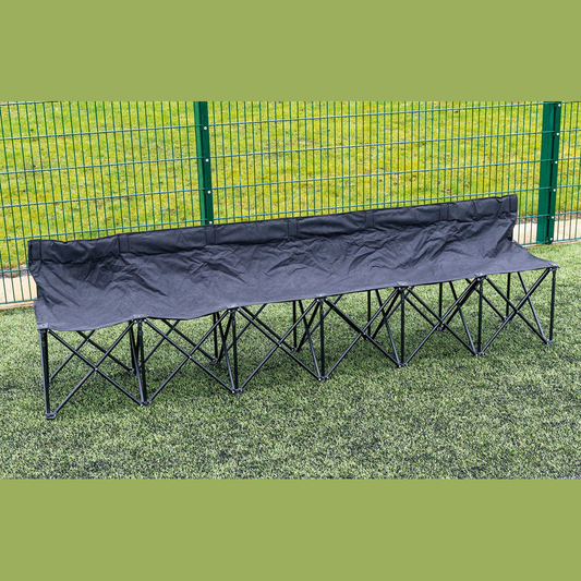 Precision 6 Seater Quick Bench for sporting goods, showing sturdy metal frame and six seating spots on a gym floor.