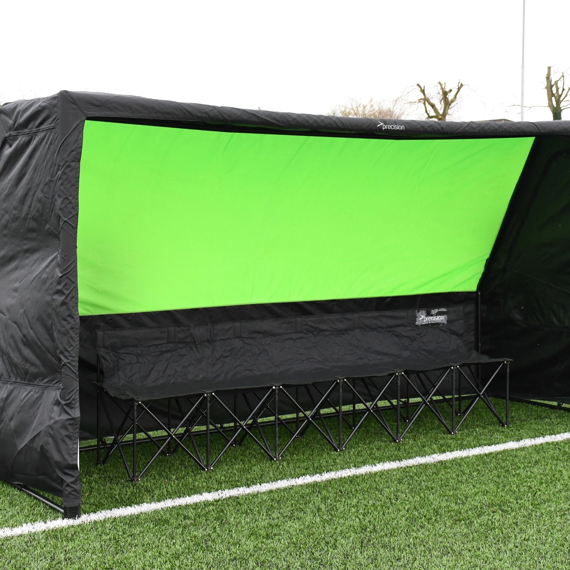 Precision Pro portable team shelter 12ft by 6ft, lightweight sporting goods shelter for outdoor team activities, shown assembled.