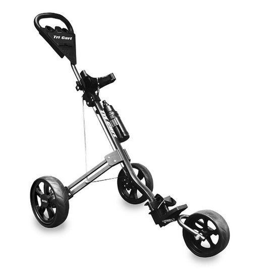 Longridge Tri Cart 3-wheel golf trolley with sturdy frame and compact design, ideal for easy maneuvering on the golf course.