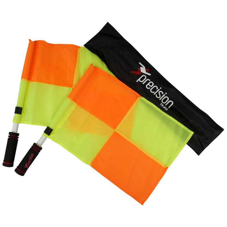 Precision Linesman Flag Set for sports officiating, includes bright yellow and red flags for signaling during games.