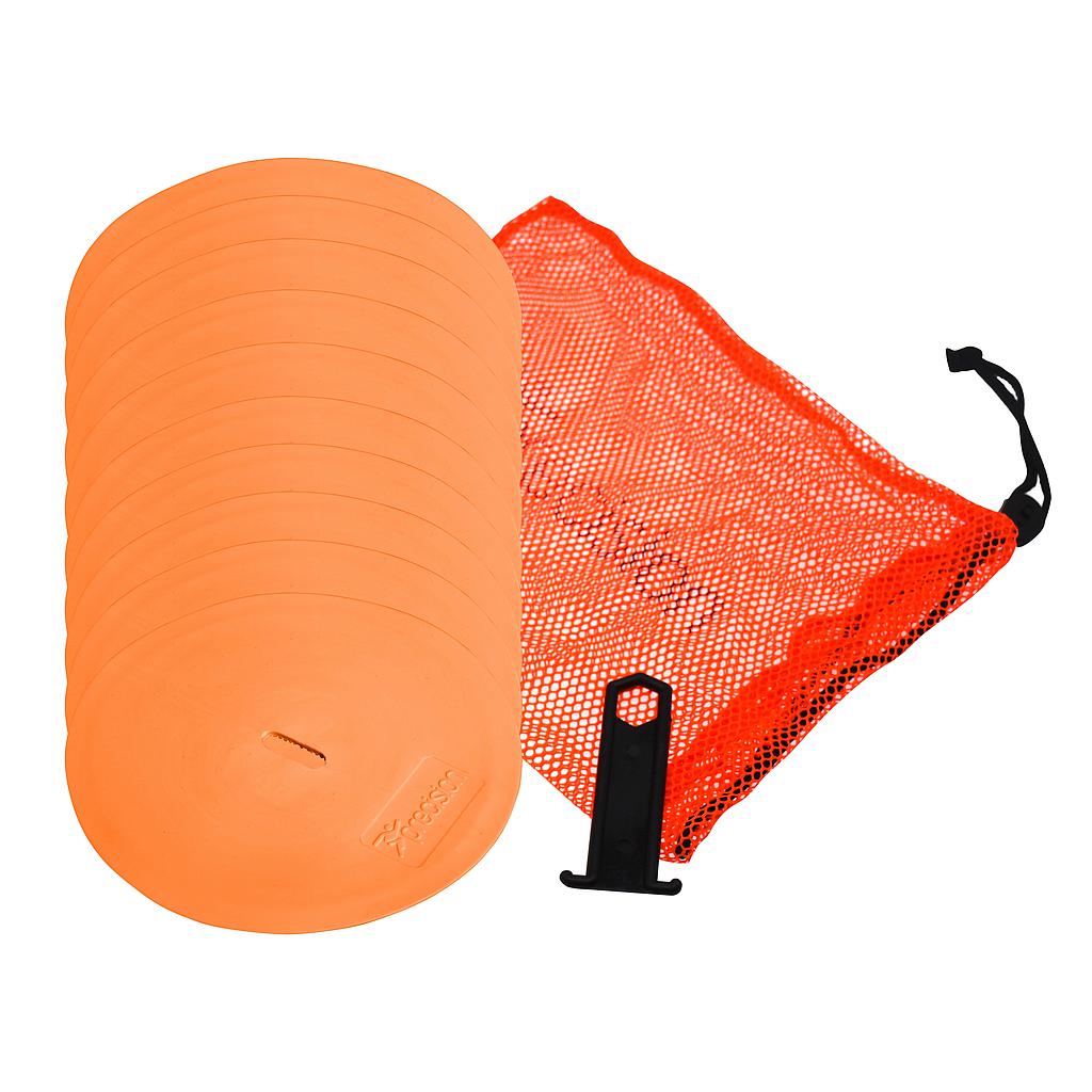 Set of 10 Precision round marker discs, 21cm diameter, used for sports and training activities. Bright yellow color.