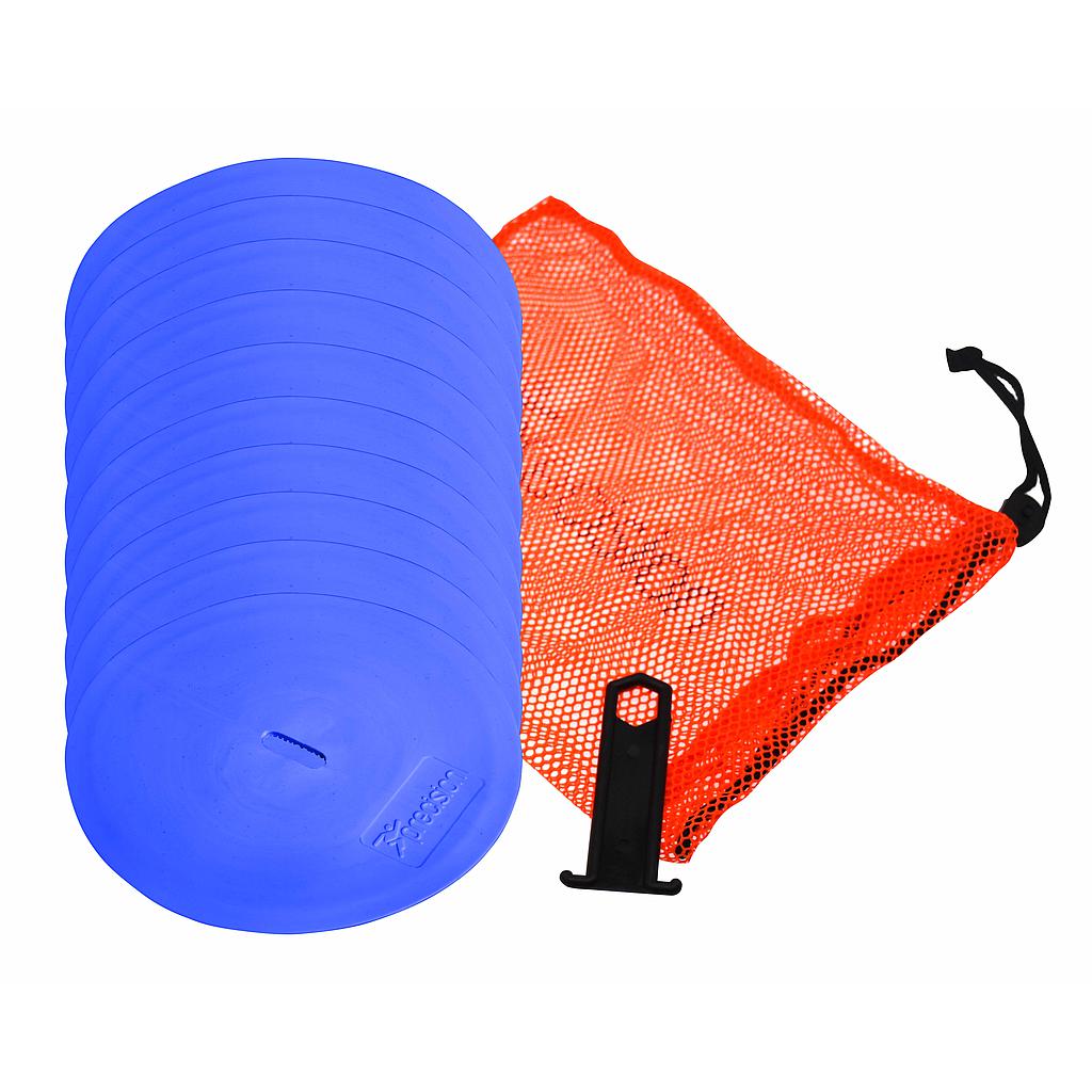 Set of 10 Precision Round Marker Discs, 21cm diameter, for sports training and field marking, by Precision Sporting Goods.