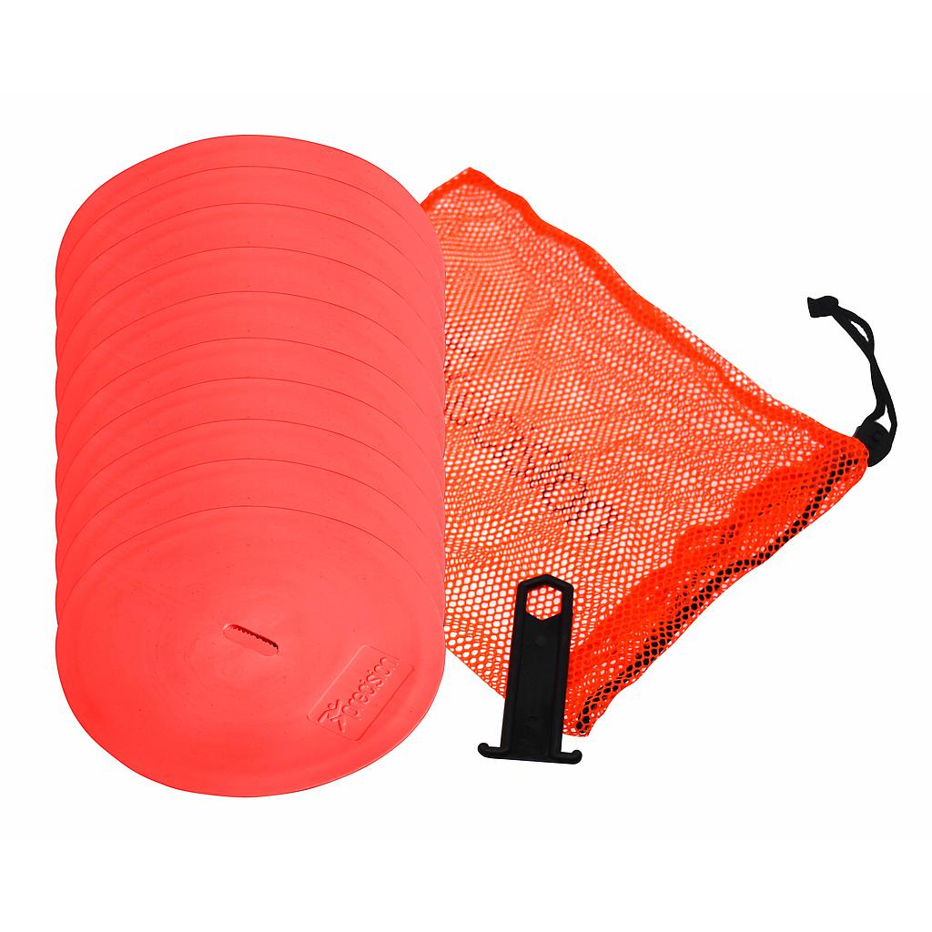 Set of 10 Precision Round Marker Discs, 21cm diameter, used for sports training and field marking.