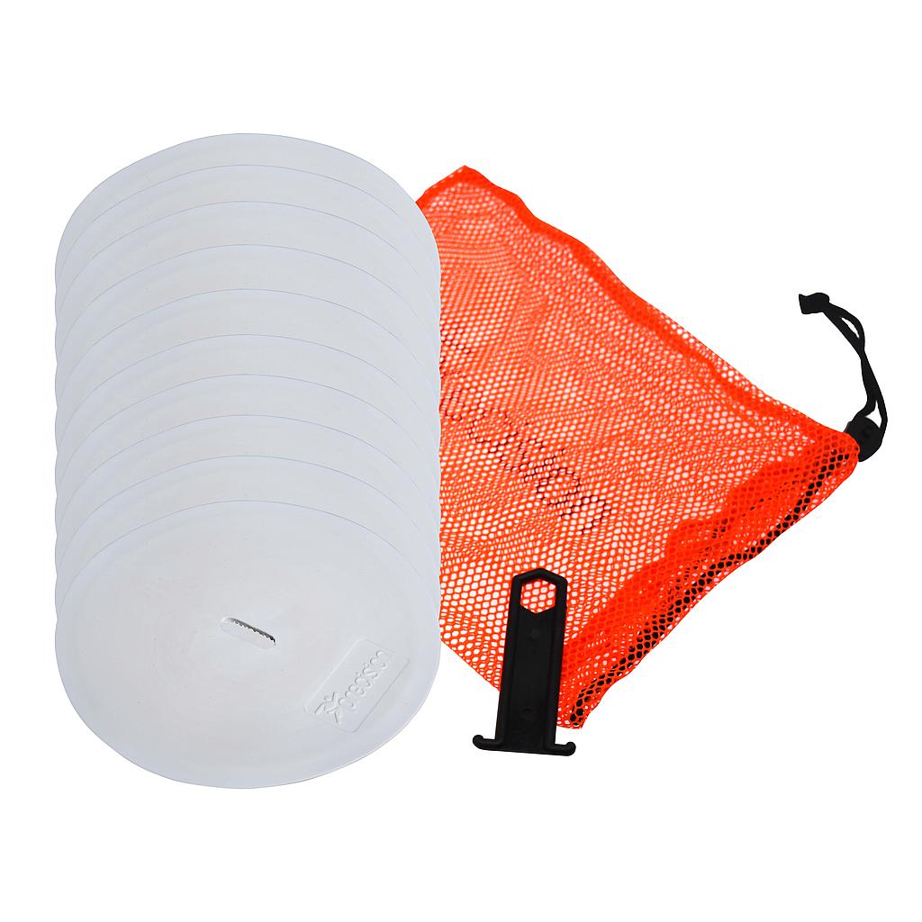 Set of 10 Precision Round Marker Discs, 21cm, for sporting goods training or marking, with white and yellow colors.