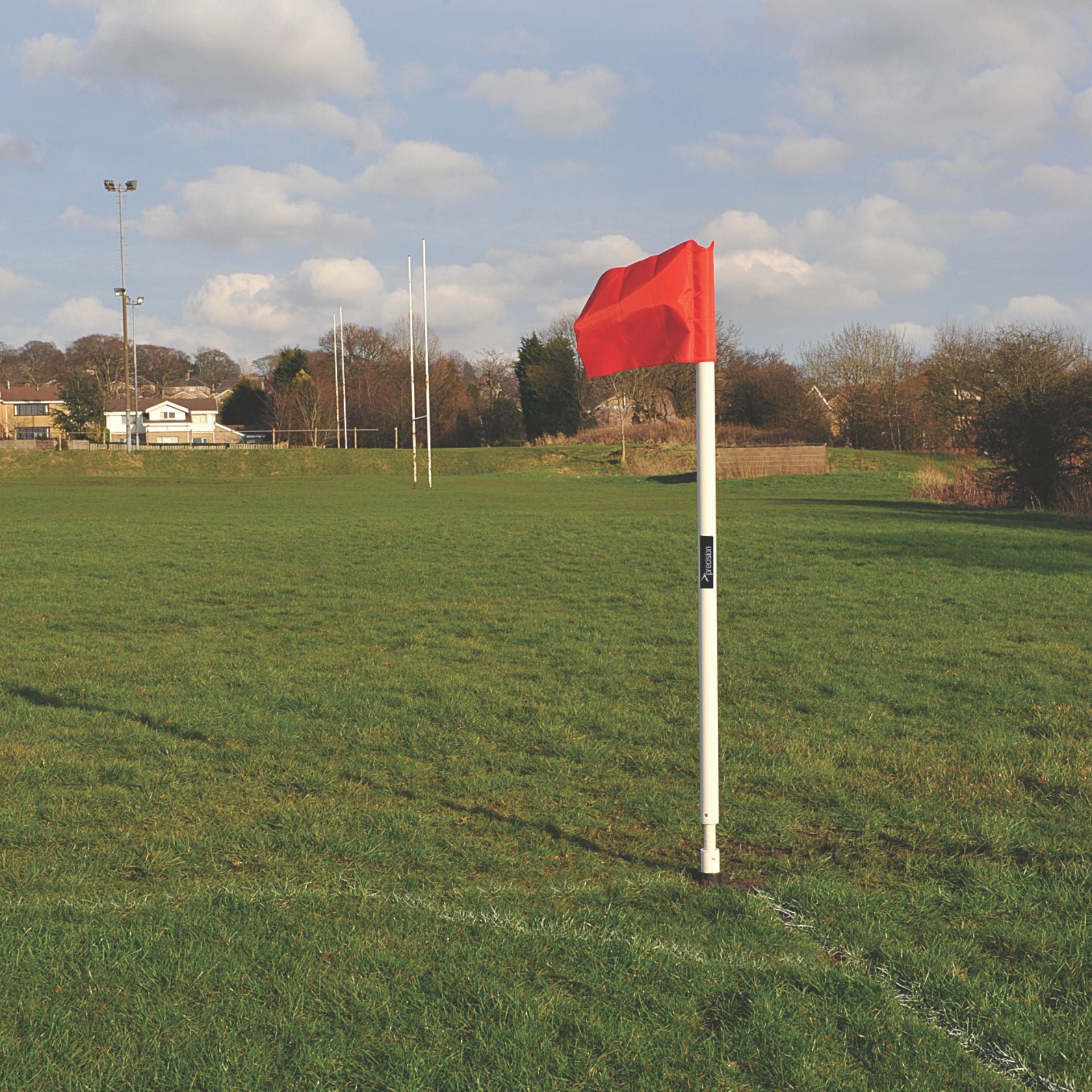 Set of four Precision Pro Corner Posts for sporting goods, featuring sturdy metal construction and bright orange color.