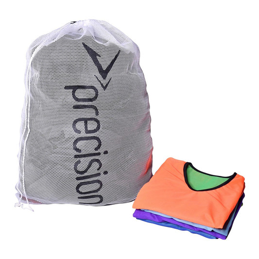White Precision Multi Sport Mesh Drawstring Bag with black drawstrings, lightweight and breathable for sports and gym use.