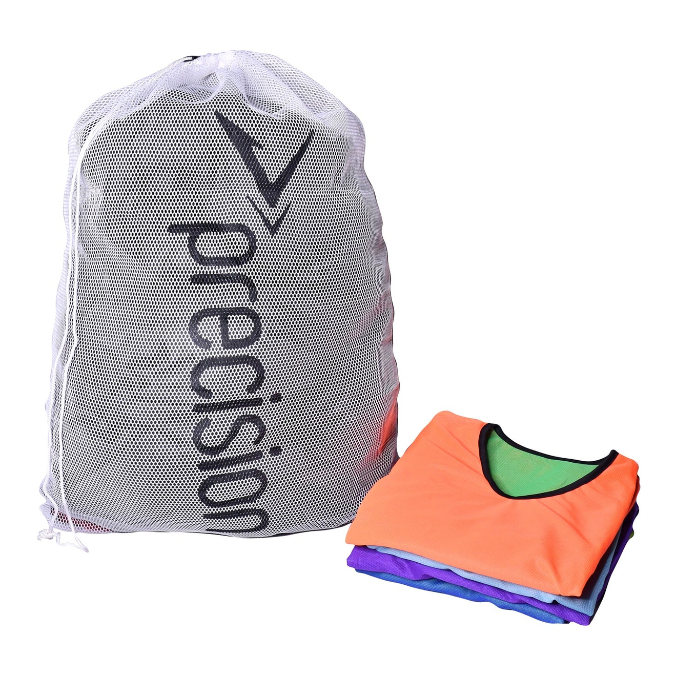 White Precision Multi Sport Mesh Drawstring Bag with black drawstrings, lightweight and breathable for sports and gym use.