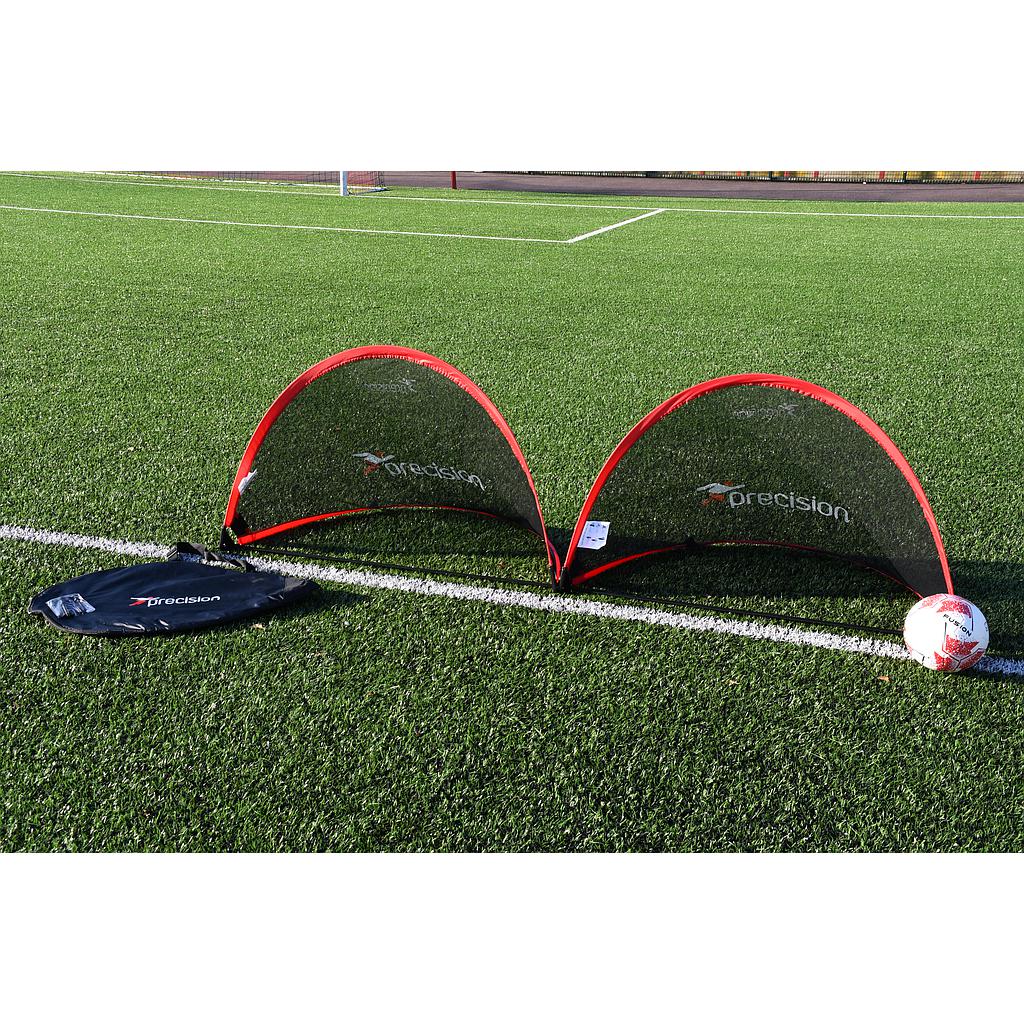 Precision pop-up soccer goals set with lightweight, portable design, featuring netted frames for easy setup and outdoor play.