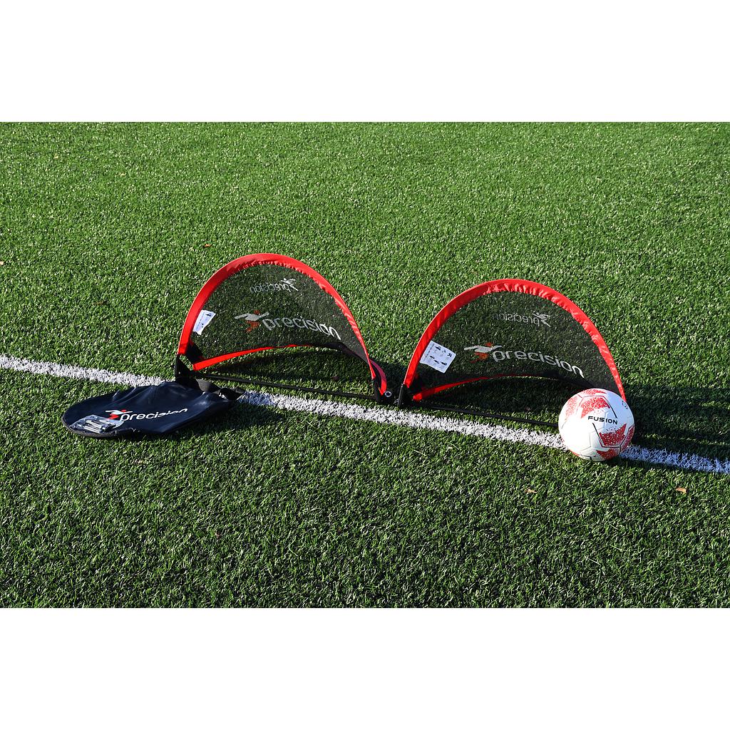 Precision pop-up soccer goals set with lightweight, foldable frames and netting, ideal for quick setup and outdoor soccer practice.